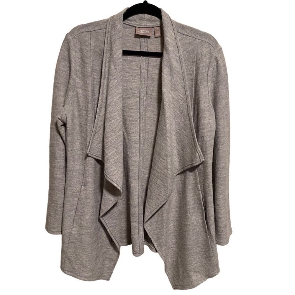 Chico’s- Women’s Grey Knit Wool Waterfall Open Front Cardigan, Size 1 = US 6